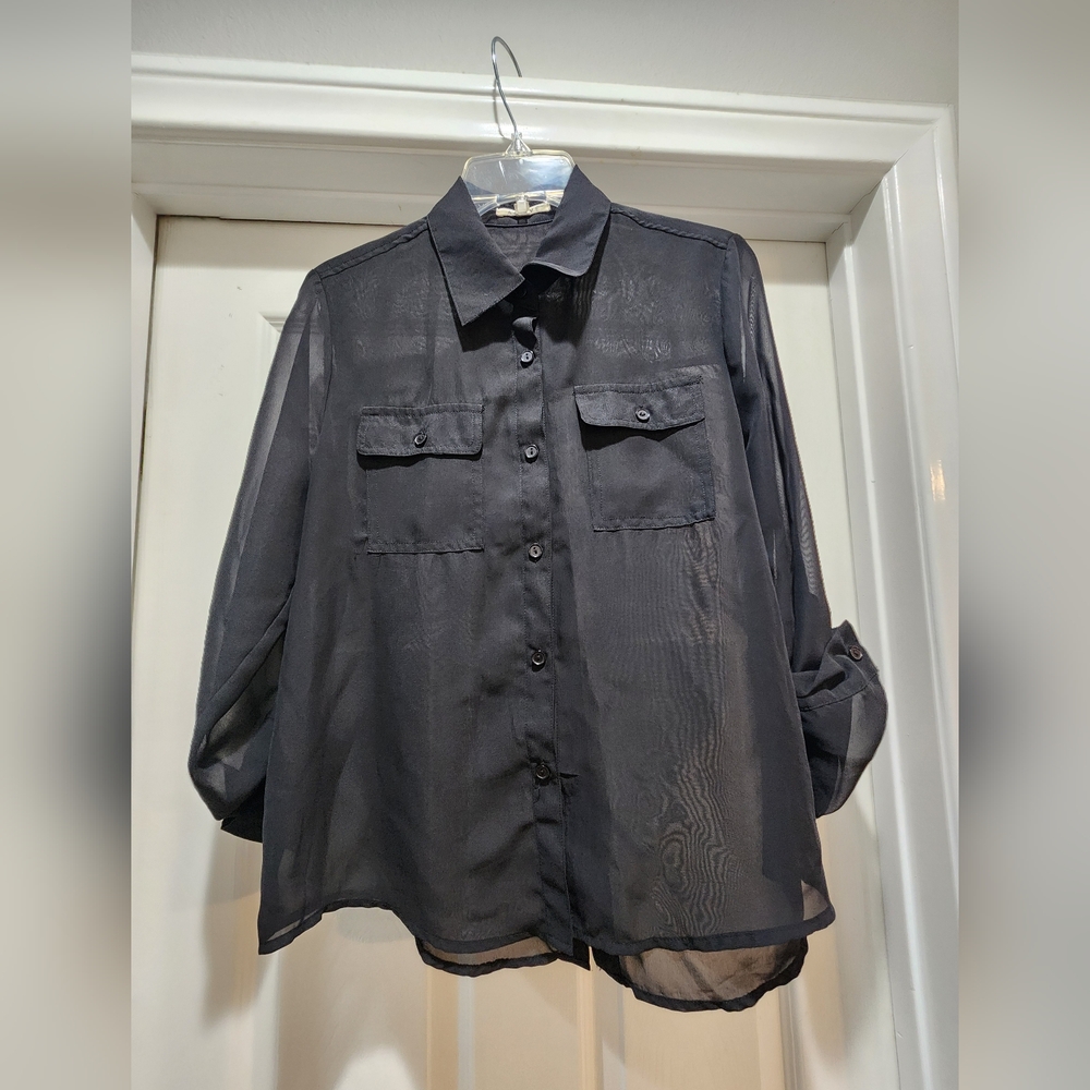 Black Sheer Button-Up Blouse